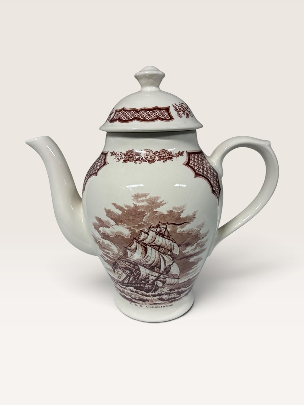 Vintage Alfred Meakin Ironstone Teapot with Brown Ship Transfer Design